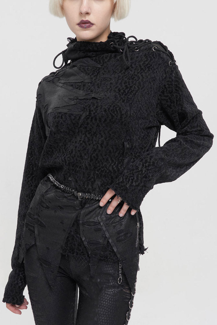 Distressed Wool Sweater with Irregular Hem for Women - Noir