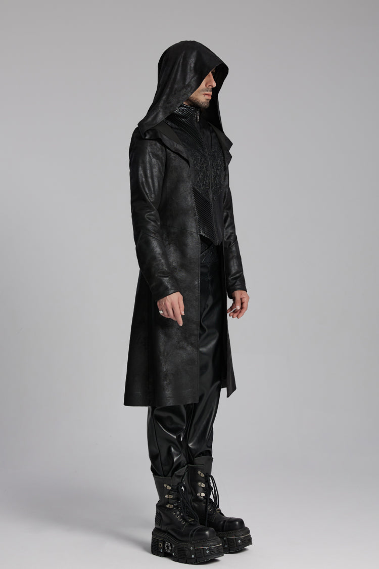 Gothic Hooded Jacket with Zip and Pleats for Men - Noir