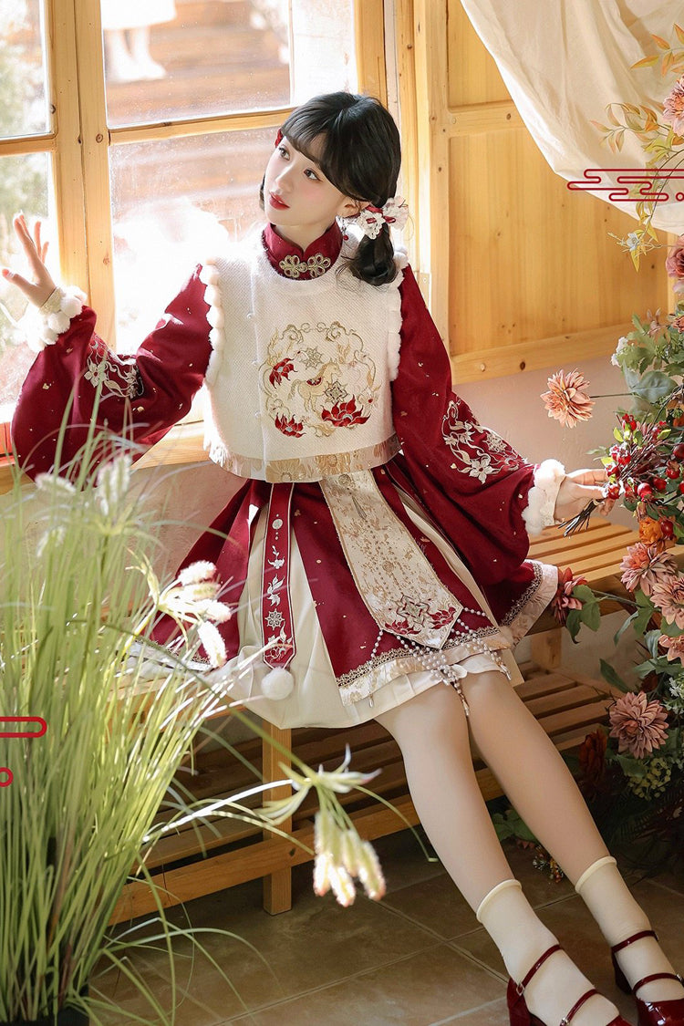 Ruby Embroidered Hanfu Ensemble with Bell Sleeves and High Waist