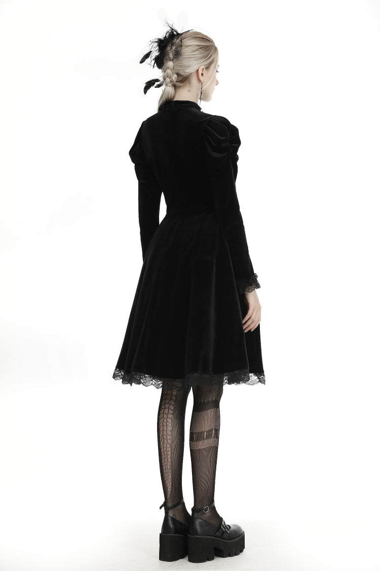 Gothic Velvet Gown with Puff Sleeves and Lace Detailing in Black