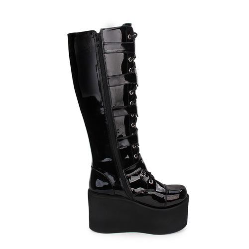 Long Gothic Lolita Boots in Patent Leather with Cross and Lace-Up Detail