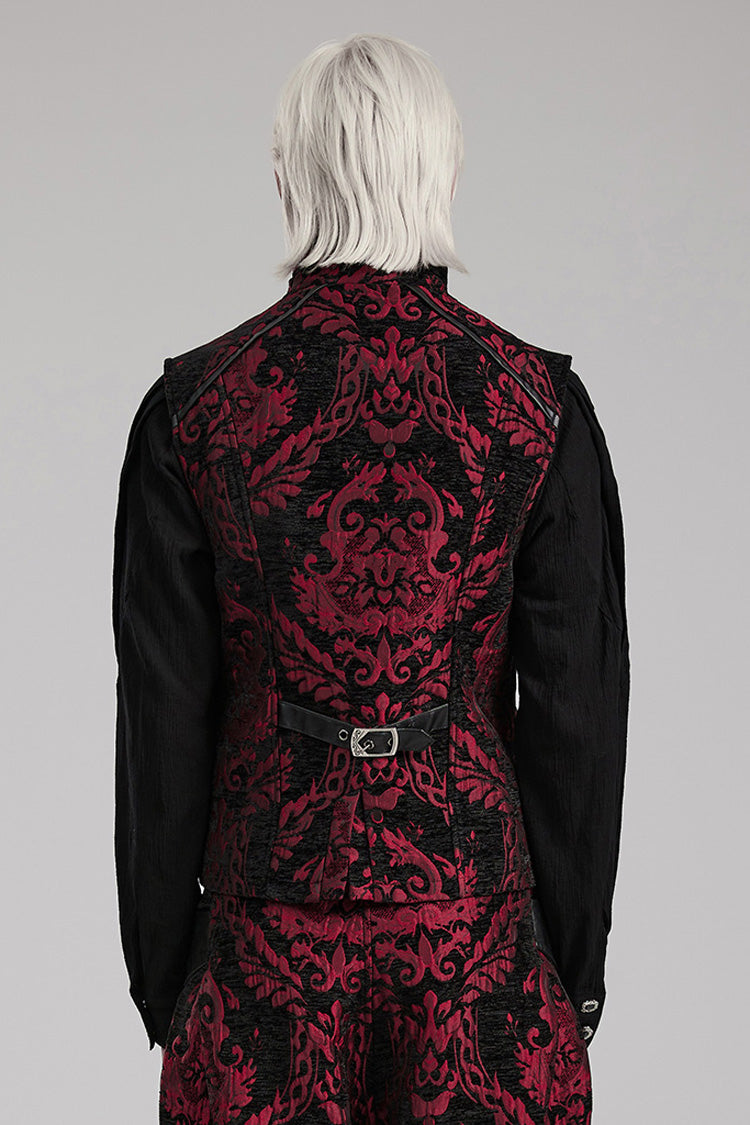 Crimson & Noir Men's Stand Collar Jacquard Print Stitched Metal Ring Gothic Vest