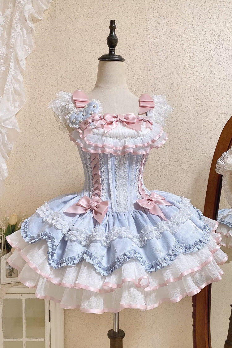 Azure Triple Ruffled Bow Lace-Up Slim Ballet Sweet Lolita Outfit