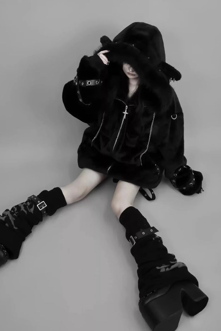 Japanese Jirai Kei Coat with Lamb Ears Hood and Rivets, Extended Sleeves