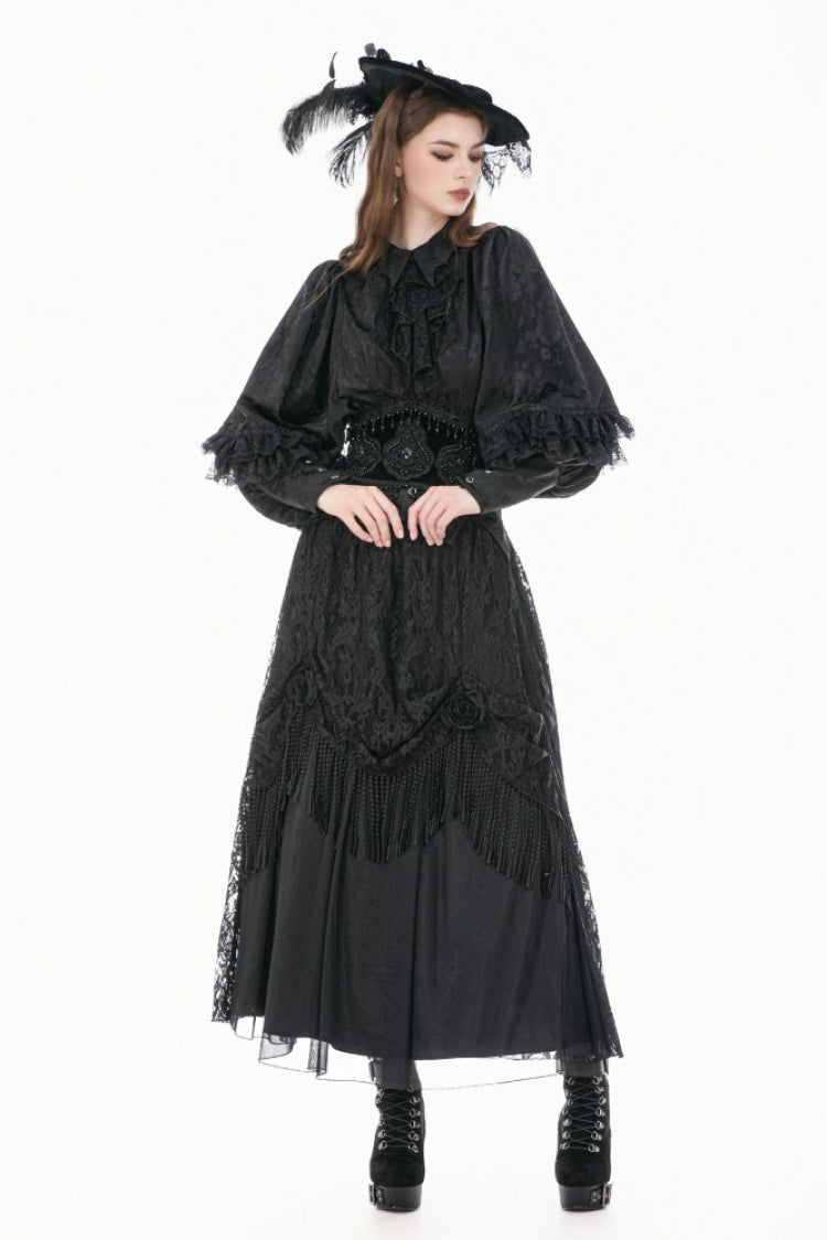 Rose Jacquard Bishop Sleeve Blouse with Tie - Gothic Edge