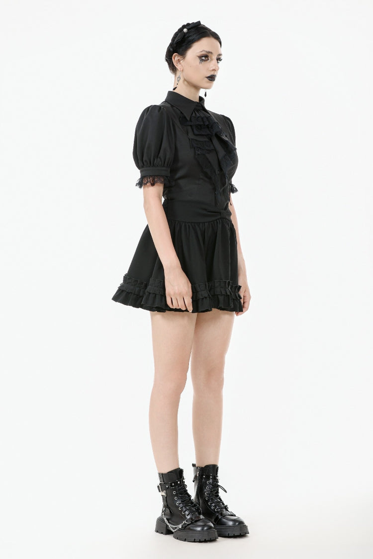 Lapel Collar Puff Sleeve Blouse with Removable Cravat - Gothic Edge