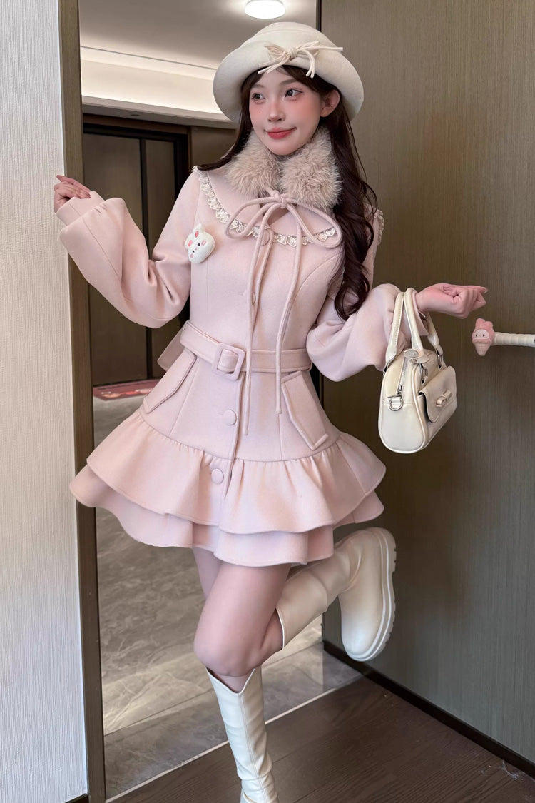 Berry Champagne Doll Collar Wool-Blend Coat, Long Sleeves Double-Layered Ruffled