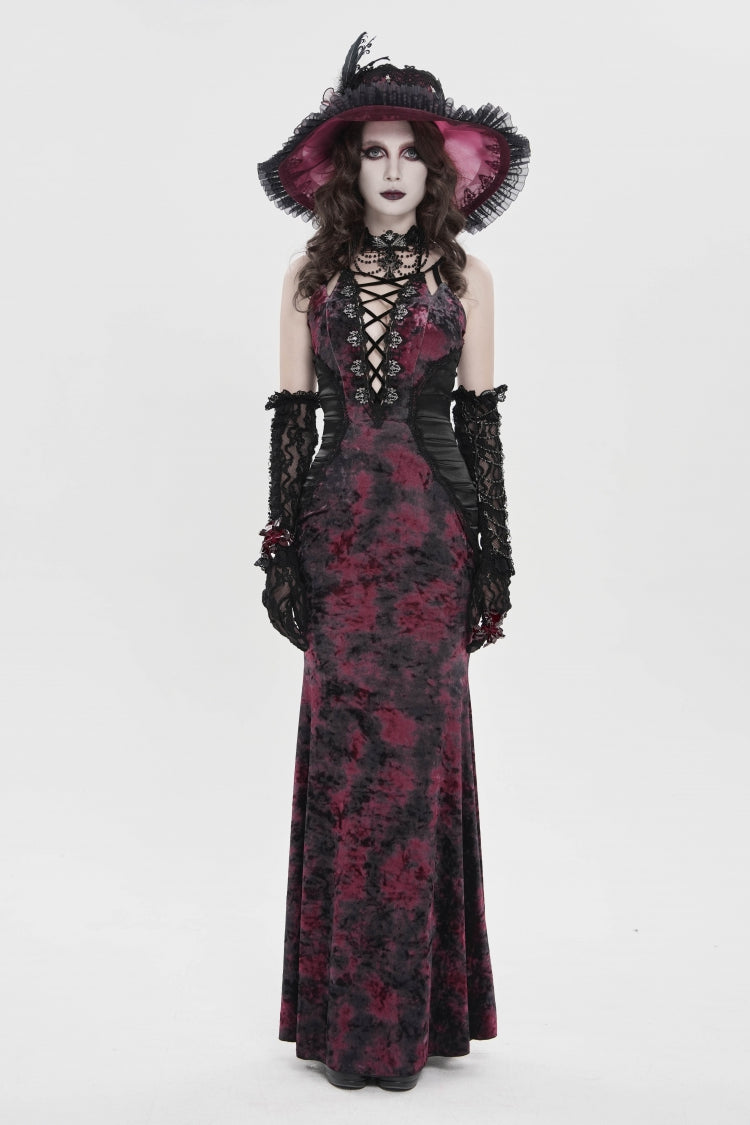 Crimson & Noir Halter Neck Printed Hanayome Lace-Up Fitted Pleated Gothic JSK Dress
