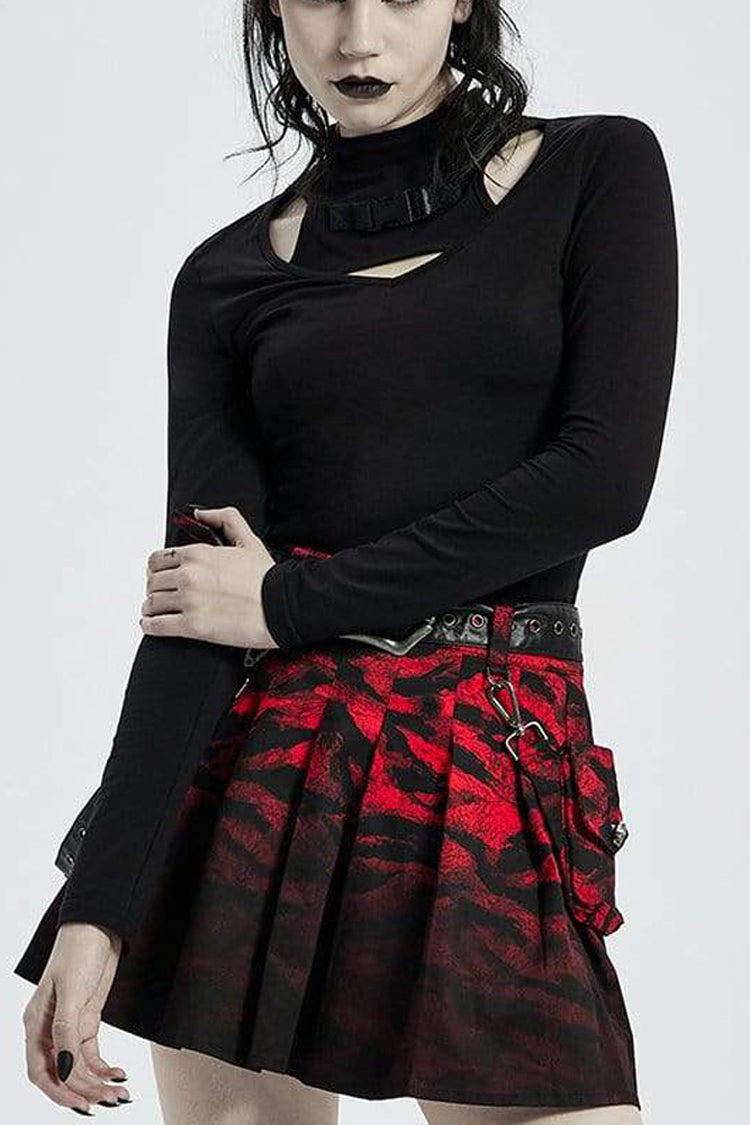 Punk High Collar Long Sleeve Tee with Chest Cutout in Black Knit