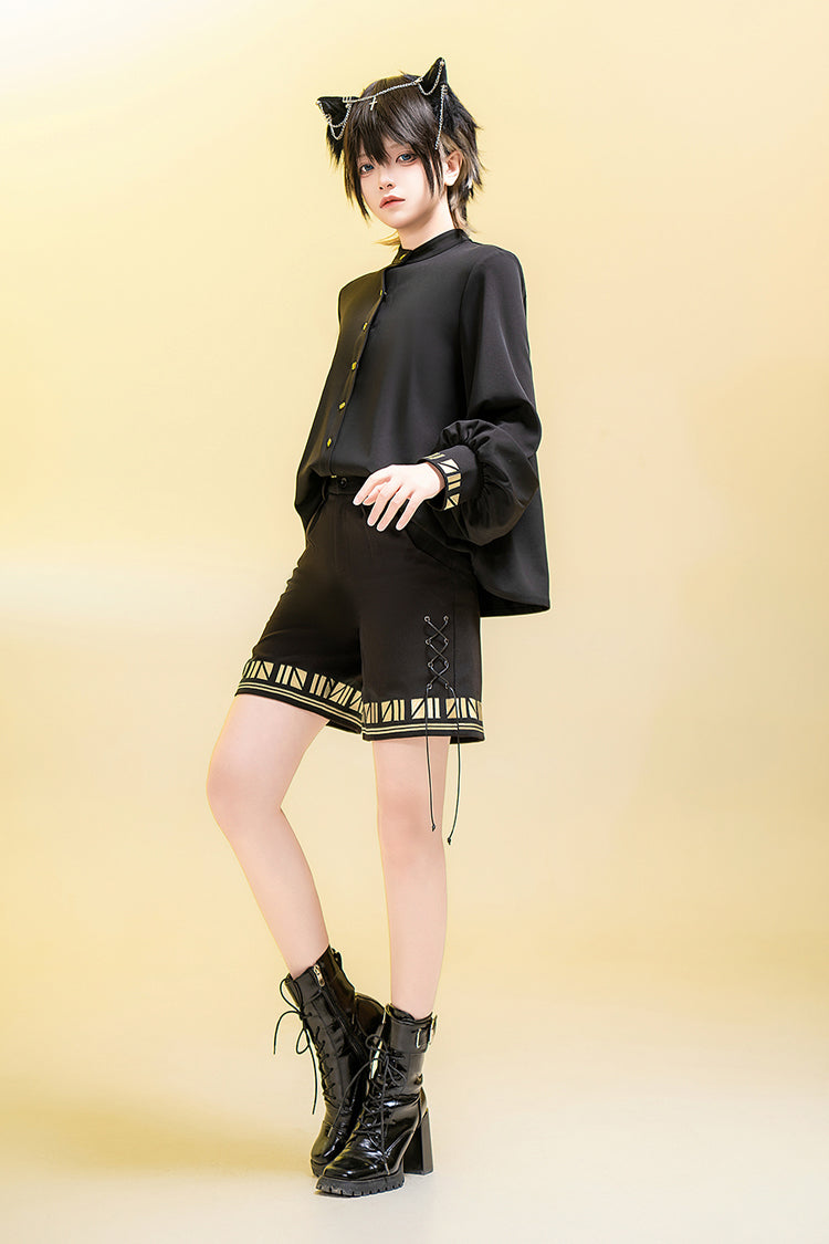 Embroidered Ouji Gothic Vintage Shorts with Print - Black Cat