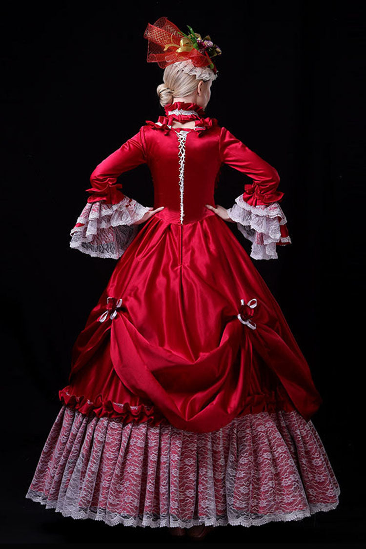 Crimson Victorian Prom Dress with Hime Sleeves and Hollow Embroidery