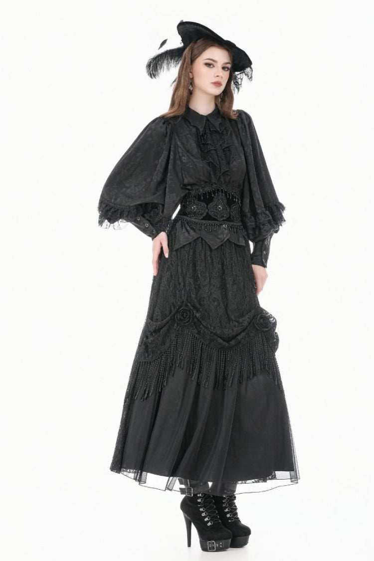 Rose Jacquard Bishop Sleeve Blouse with Tie - Gothic Edge