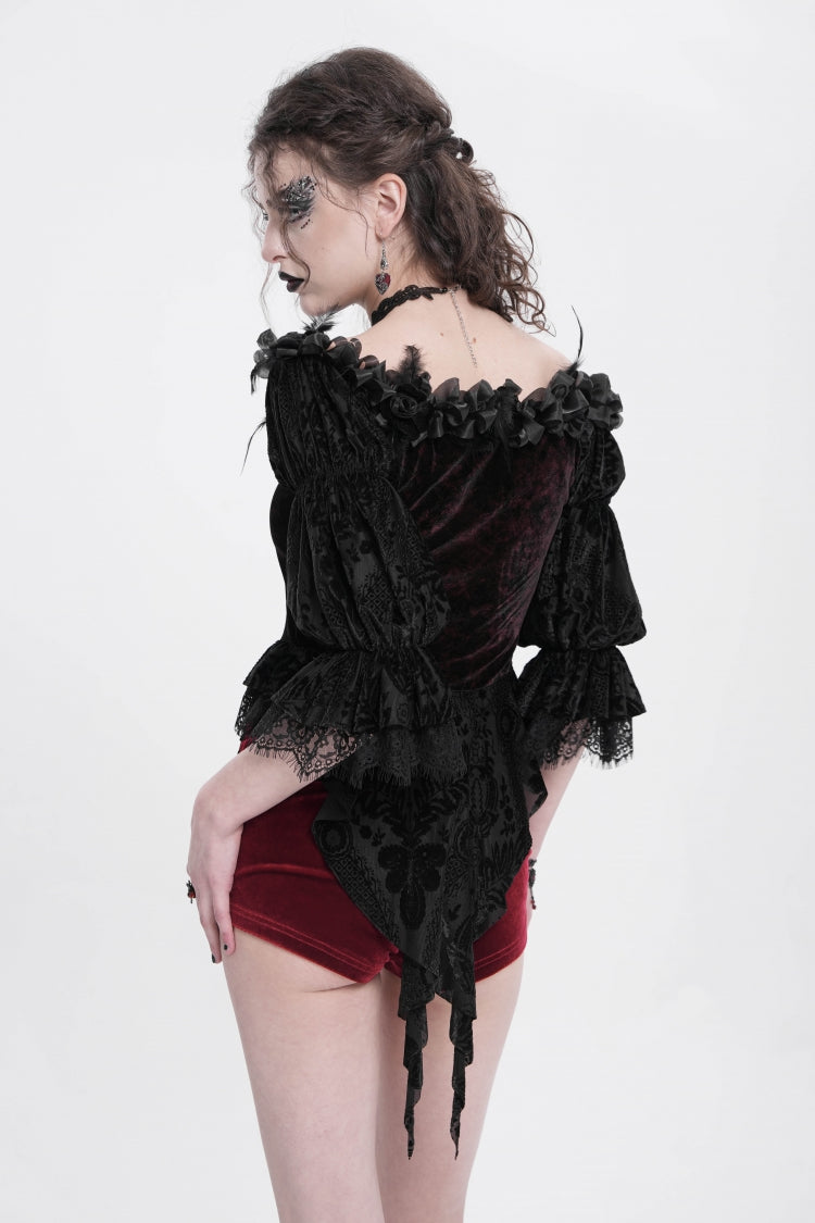 Crimson Gothic Blouse with Ruffled Sleeves and Lace-Up Front