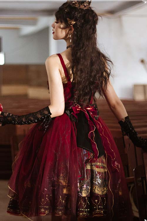 Burgundy Sheer Gothic JSK with Forest Print