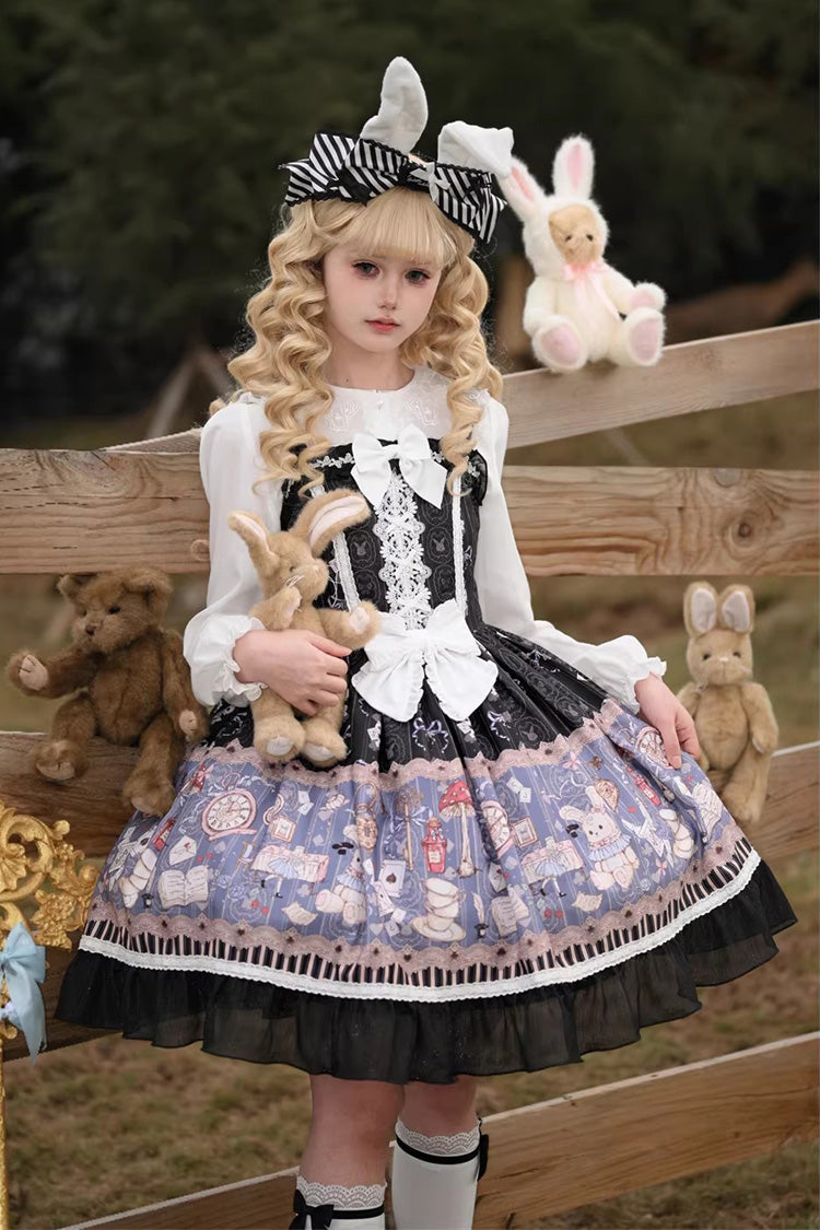 Square Collar Sleeveless Printed Bow Gothic Dress - Alice's Fantasy Tale