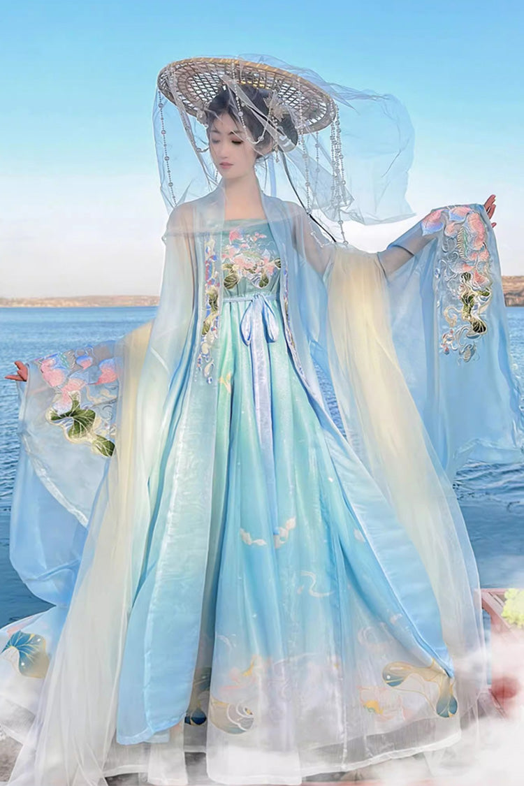 Azure Tang Dynasty Long Flared Sleeves Embroidered Hanfu Gown