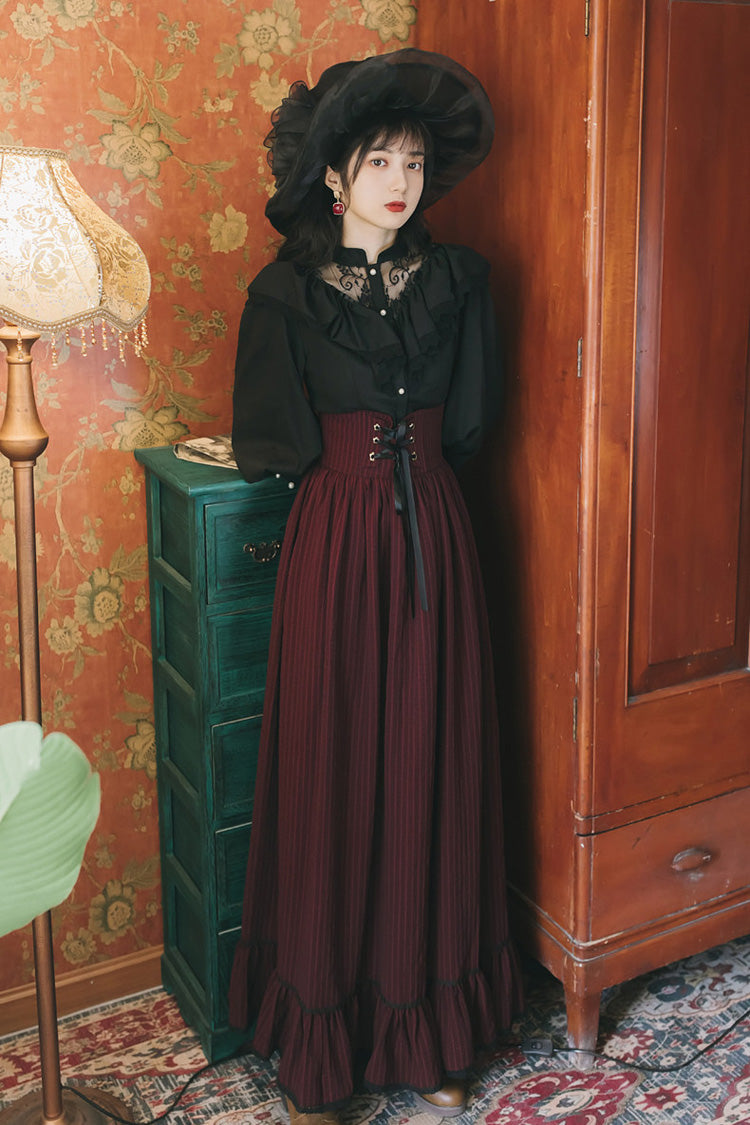Crimson Noir High-Waist Lace Print Vintage Lolita Skirt Set with Long Sleeves