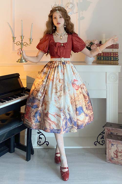 Crimson Puff-Sleeve OP with Cathedral Print