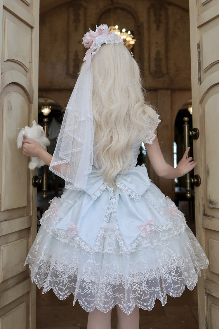 Square Collar Flutter Sleeves Jacquard Ruffled Bow Princess JSK - Bunny Dream Letter