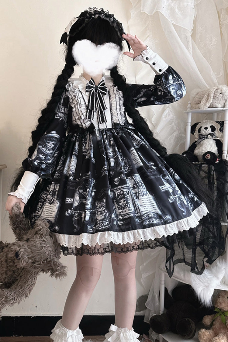 Print Long Sleeve Ruffle Bow Gothic Princess Dress - Antique Cat