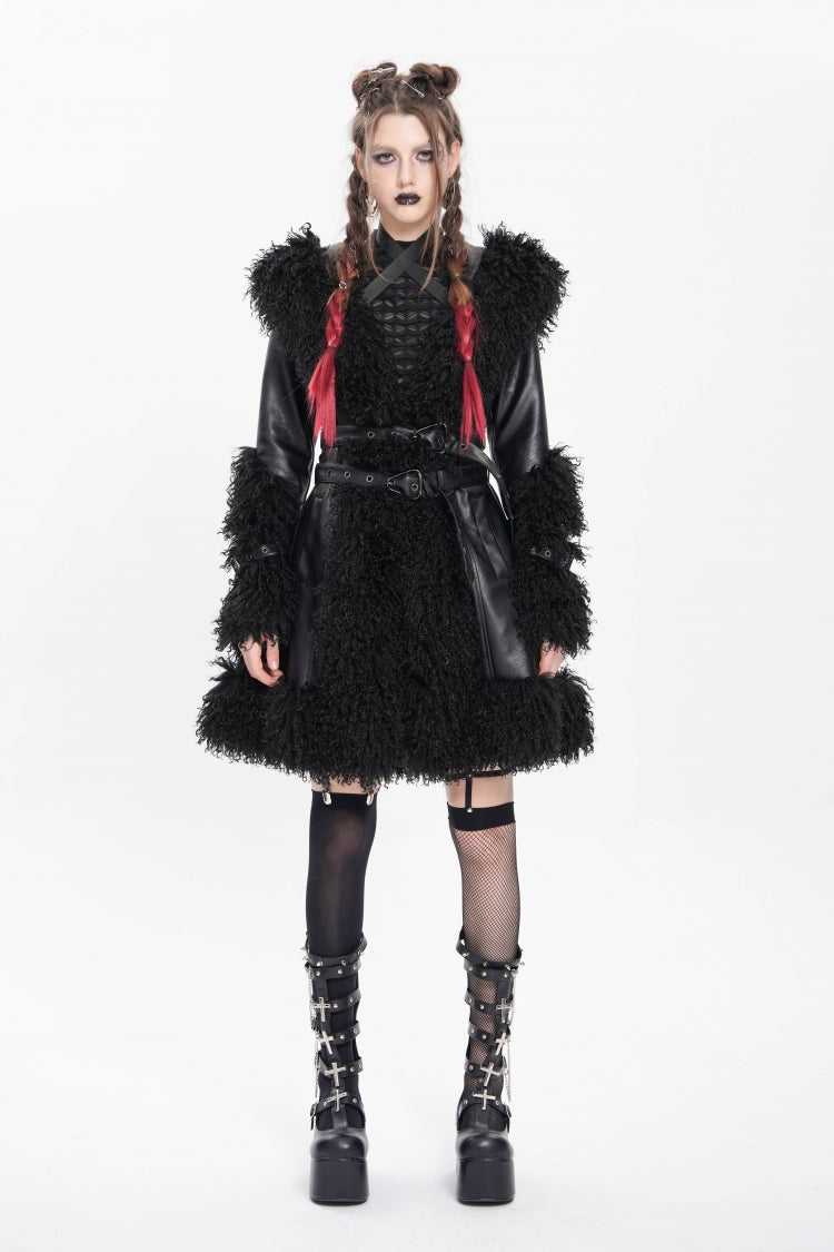 Women's Punk Coat with Plush Stitching, Buckle Straps and Hood, Long Sleeve