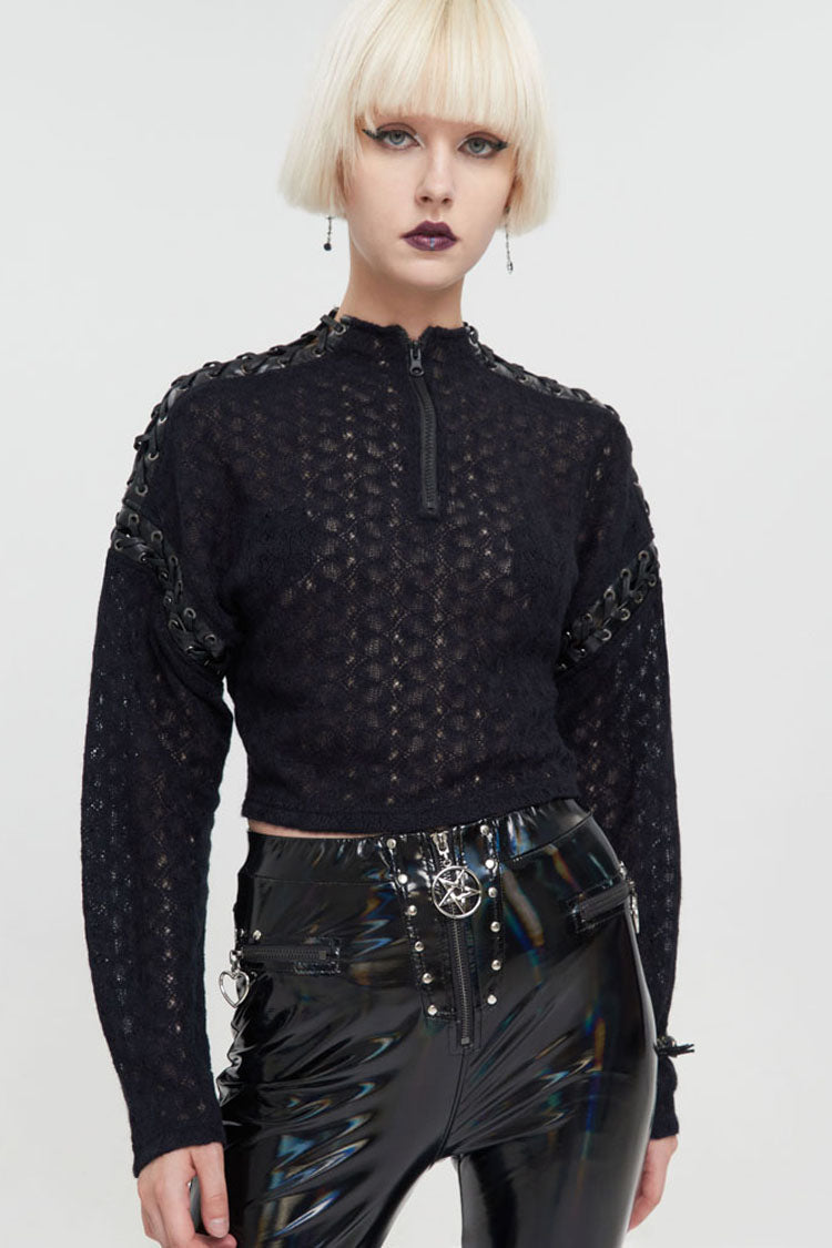 Loose Long-Sleeve Punk Sweater with Perforated Sleeves - Noir