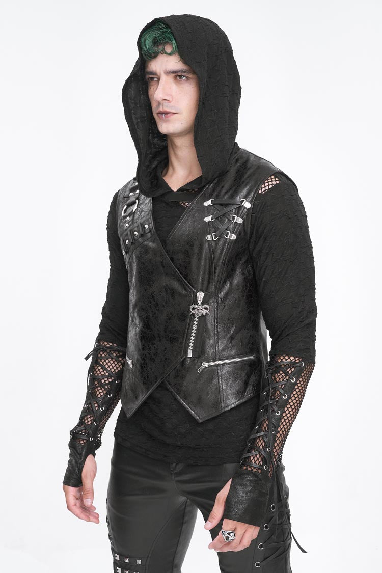 Men's Punk Faux Leather Vest with Zippers - Noir