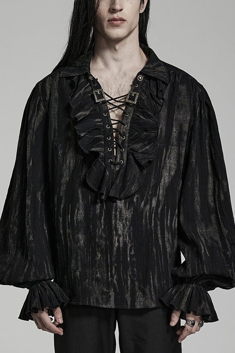Gothic Men's Blouse with Lantern Sleeves and Ruffled V-Neck - Two Tones