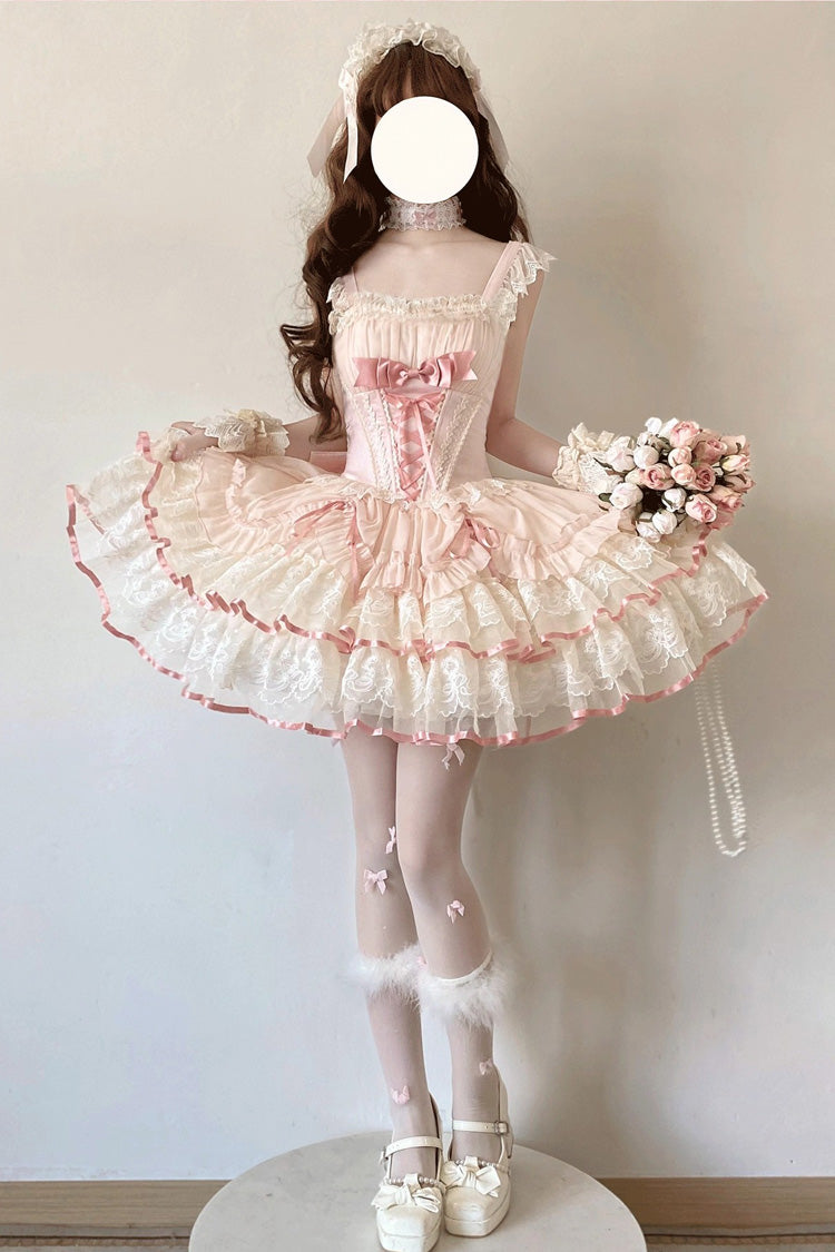 Bale Bebe Sleeveless Triple-Layered Ruffled Bow Lace-Up, Sweet Ballet Lolita Dress