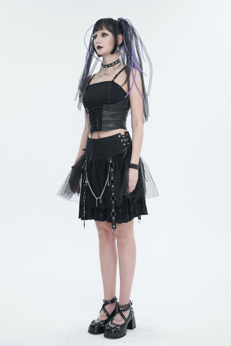 Women's Punk Skirt with Detachable Metal Chain and Cross Print Side Straps