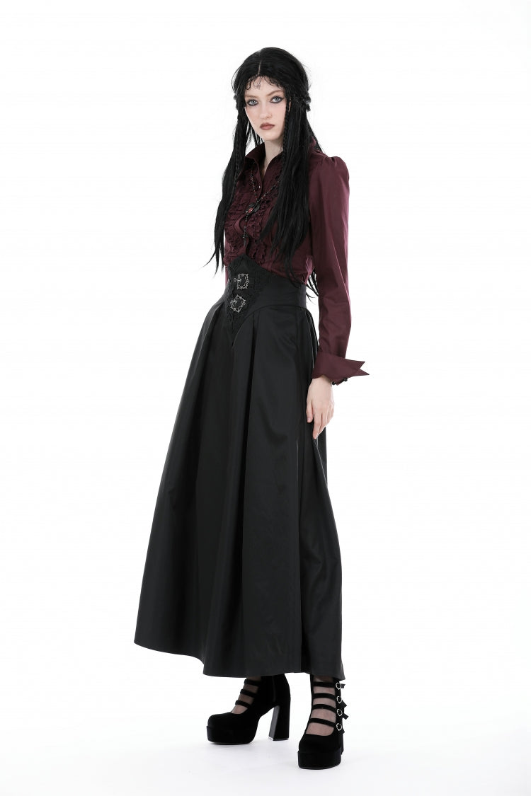 Burgundy Turn-Down Collar Ruffled Long Sleeve Gothic Women's Blouse