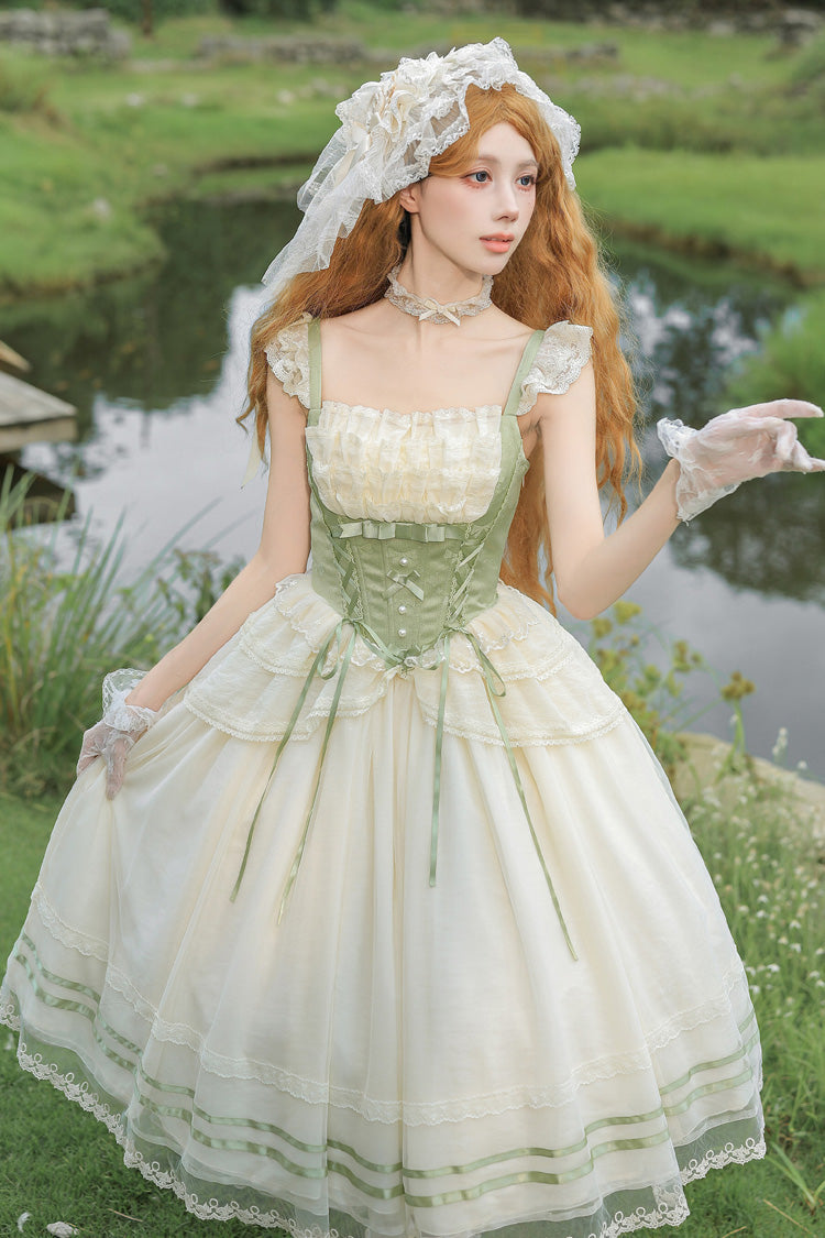 Emerald Square Neck Ruffled Lace Bow Accent Sweet Lolita JSK in Two Styles