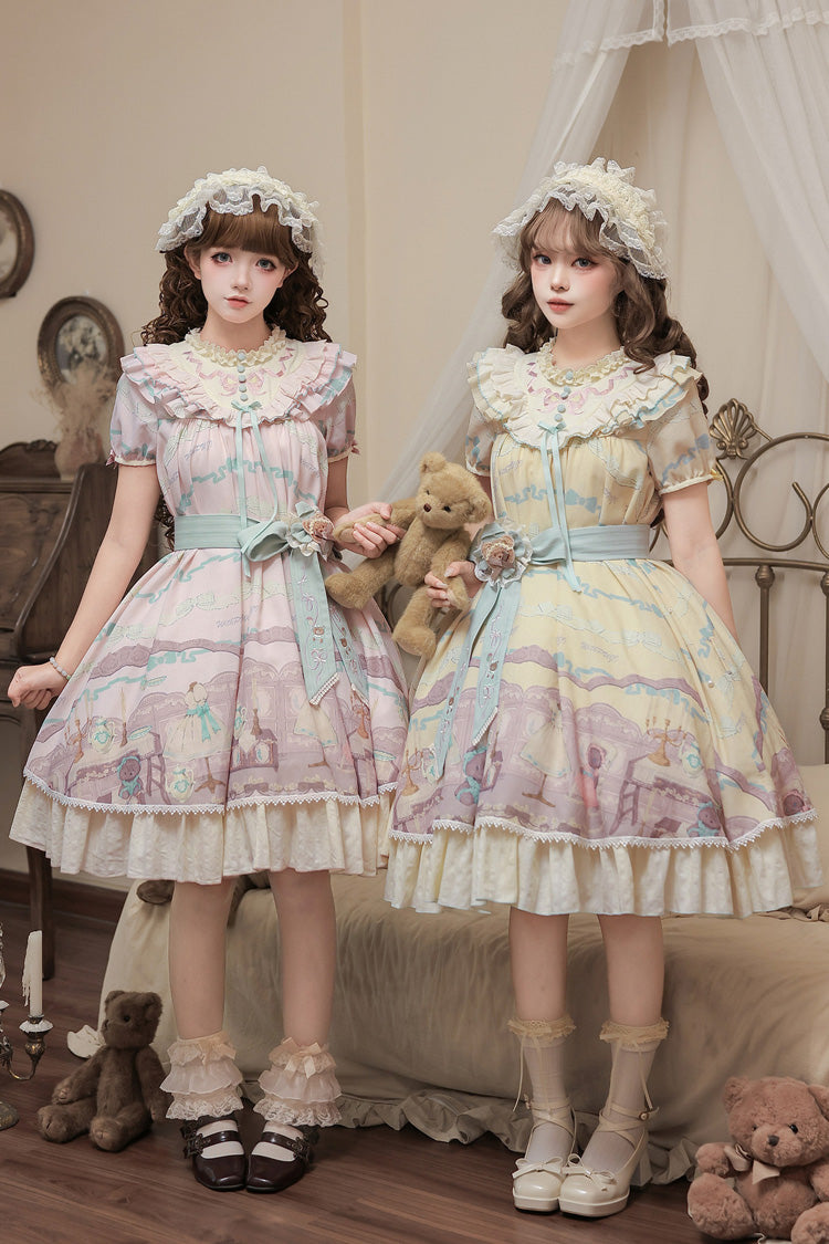 Rose Bear Print Bow Sweet Lolita Dress Set with Ruffled Short Sleeves