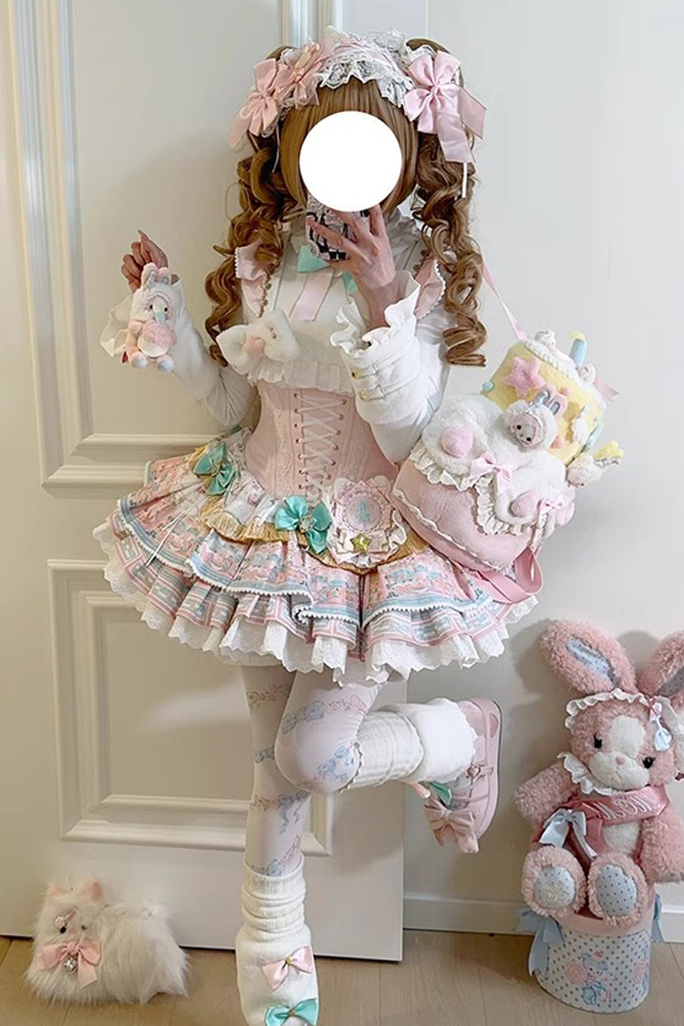 Candy House Multi-Layer Print Ruffle Bow Lace-Up Ballet Lolita JSK