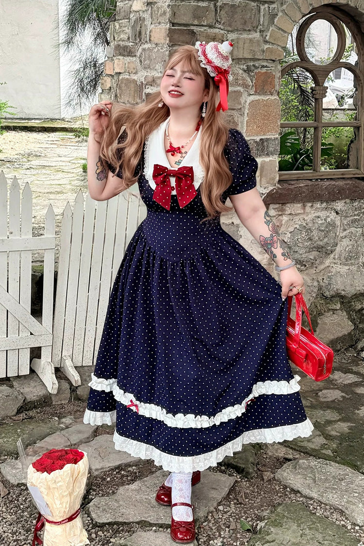 Polka Dot V-Neck Ruffled Bow Lace Plus-Size Preppy Dress