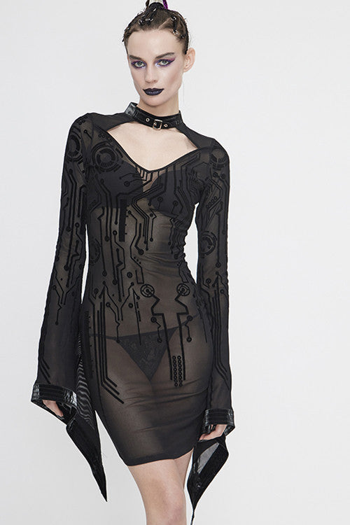 Women's Gothic Dress with Circuit Diagram Flocking Print and Flared Sleeves