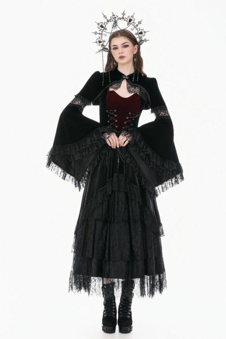 Gothic Shrug with Keyhole Mandarin Collar, Velvet Lace Splice & Flare Sleeves