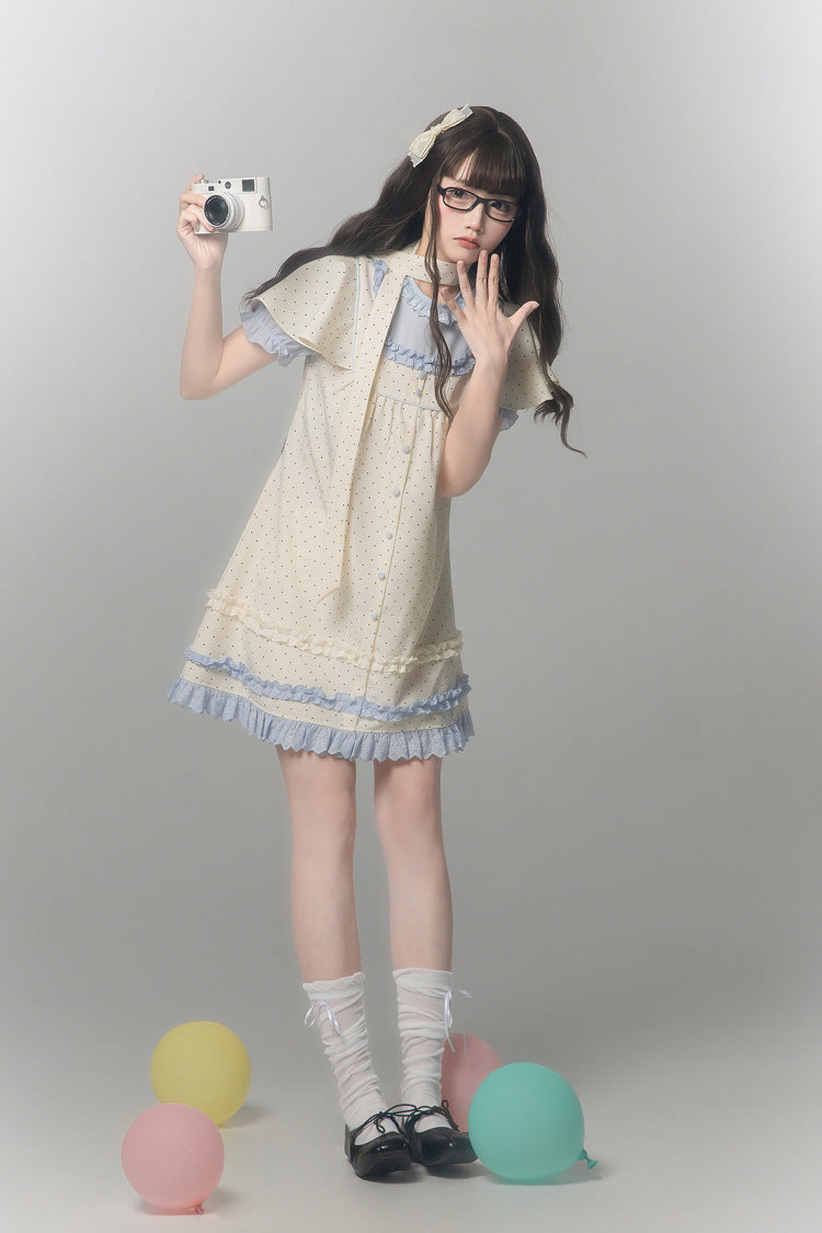 Polka Dot Bouclé Printed Ruffled Faux Two-Piece Sweet Japanese Lolita Dress with Round Collar and Long Sleeves