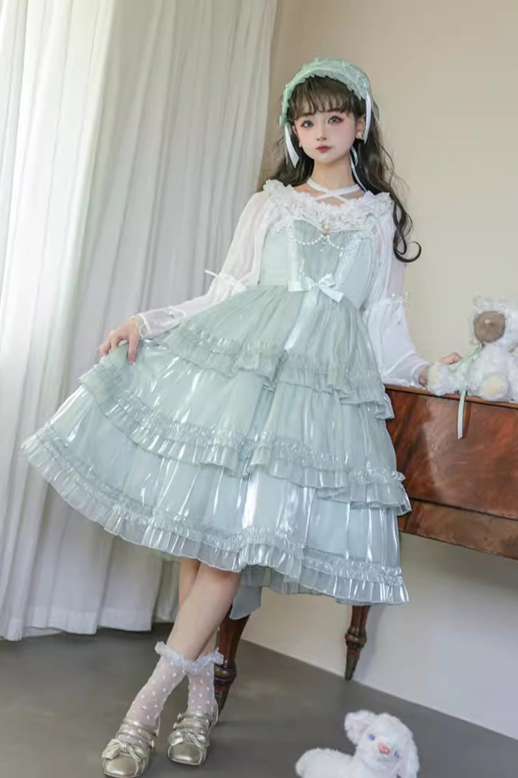 Emerald Starry Gauze Love Song Triple Ruffle Bow Sweet Lolita Tiered JSK Dress