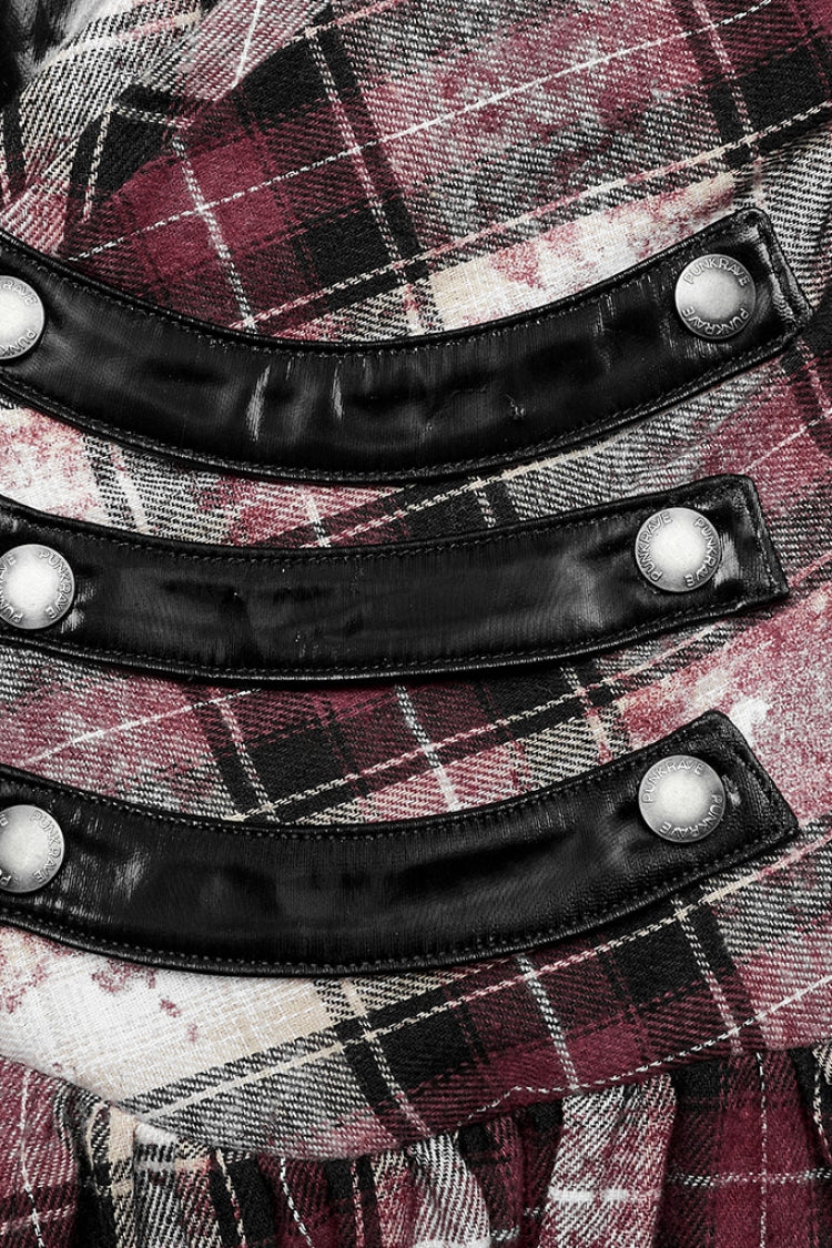 Crimson Noir Leather Strap Plaid Ruffle Irregular Steampunk Dress