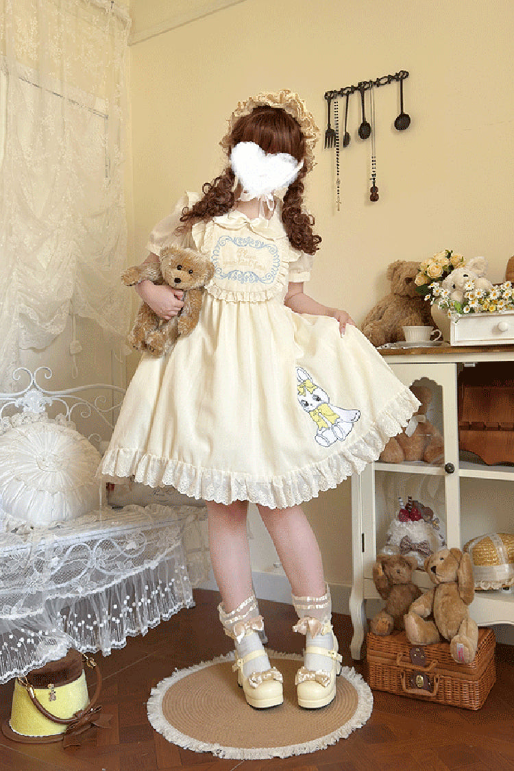 Sweet Dream Bunny Doll Collar Short Sleeves Ruffle Embroidery Bowknot Sweet Plus Size Lolita Dress