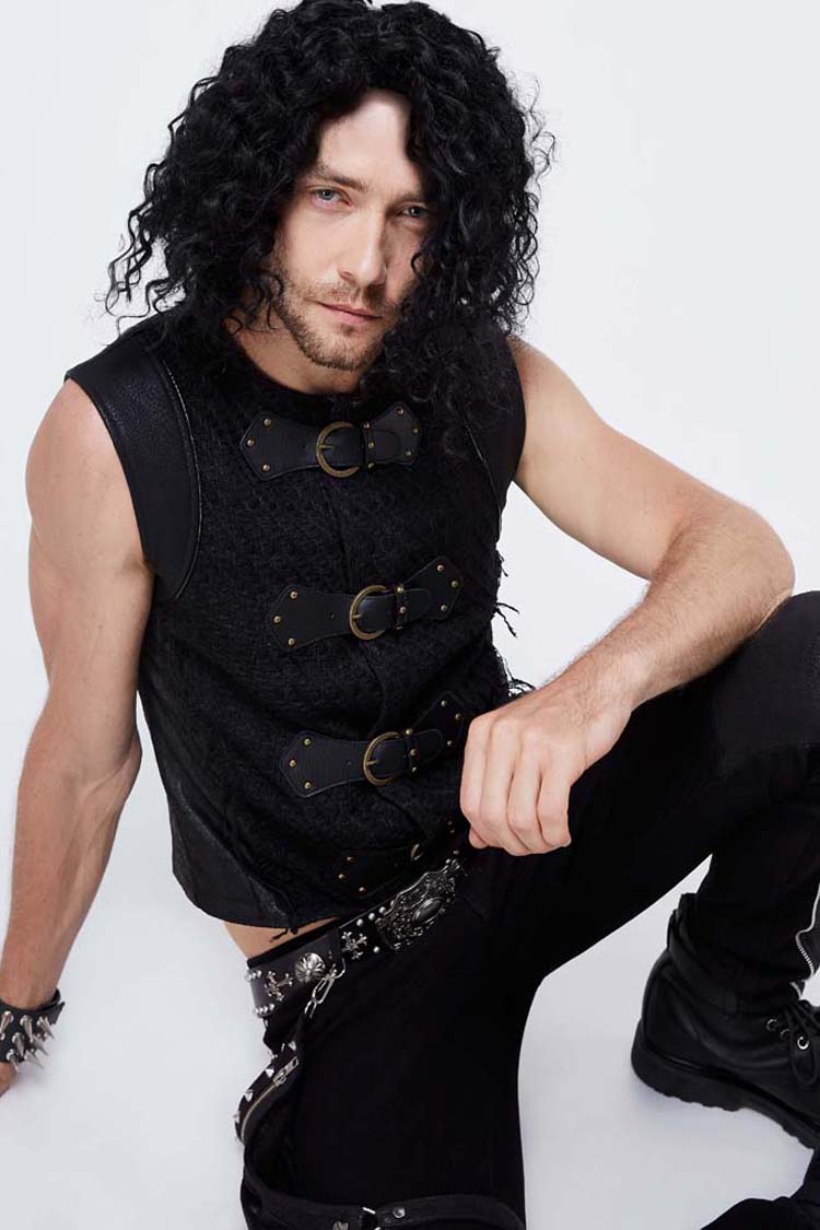 Men's Punk Waistcoat with Coarse Woolen Texture and Leather Loop Patchwork