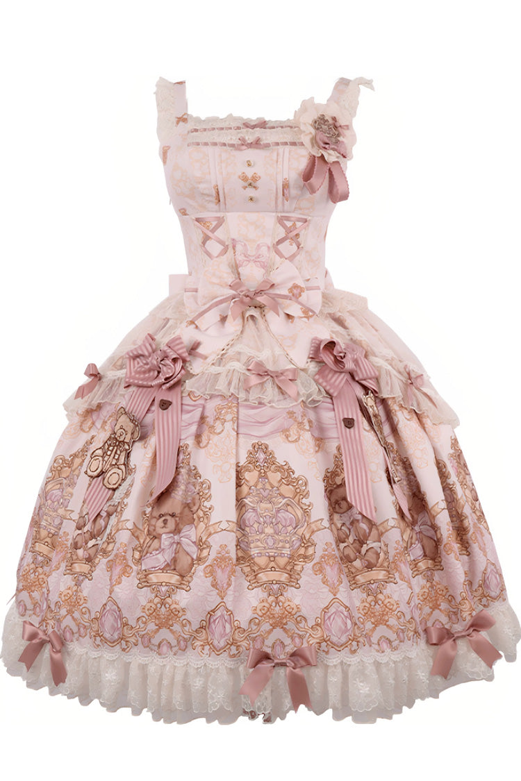 Antique Teddy Bear Sleeveless Printed Bow Lace JSK, Sweet Elegant Lolita