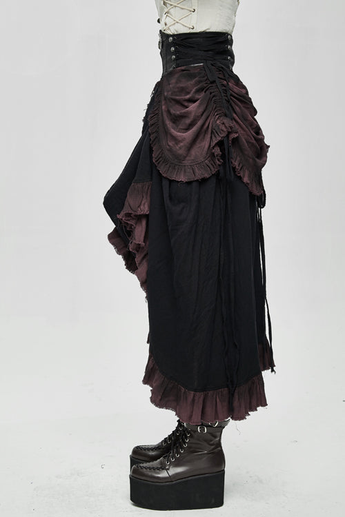 Steampunk Half Skirt with Drawstring and Burgundy Print