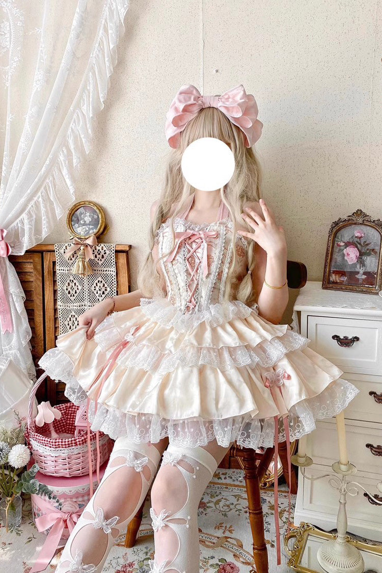 Sweet Lolita Jsk Skirt Set with Ballet Style Fishbone Lace Ruffle Bowknot in 2 Colors