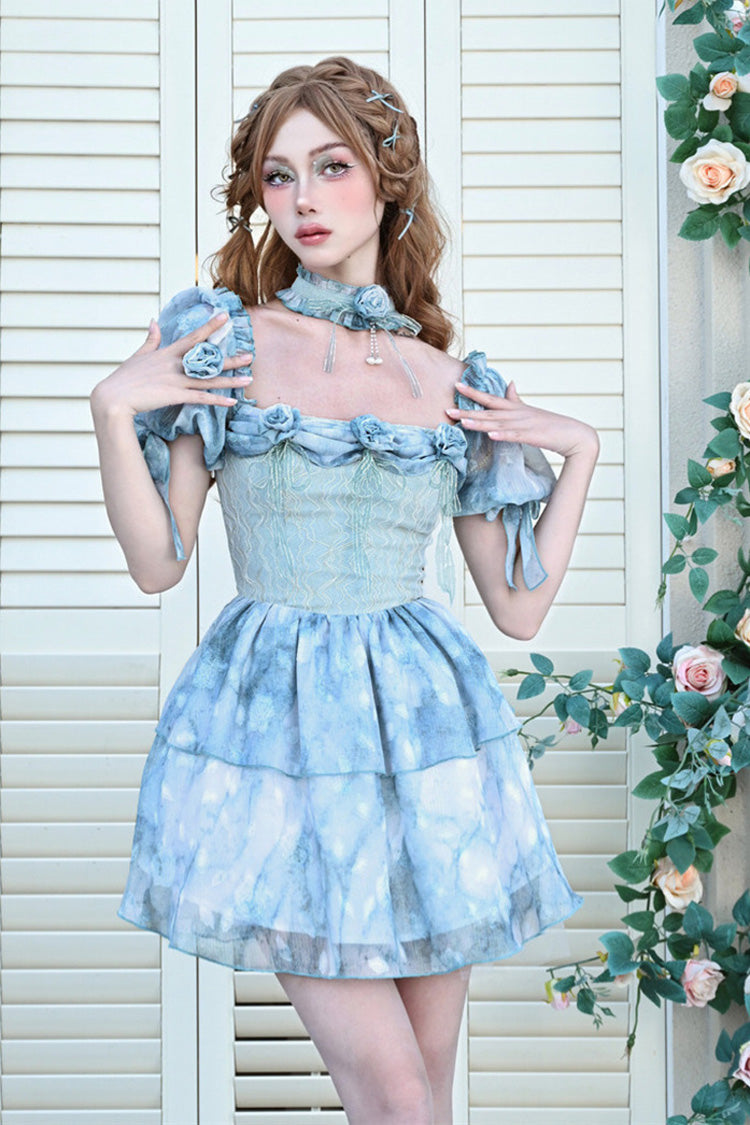 Azure Square Neck Short Puff Sleeve Multi-Layer Print Ruffle Tie-Dye Princess Lolita