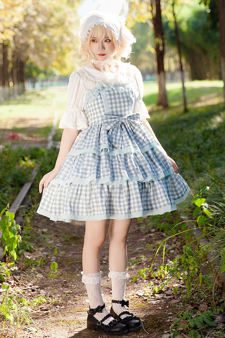 Triple-Layered Tartan Bow-Adorned Sweet Princess Gown with Ruffles - Cloth Cat