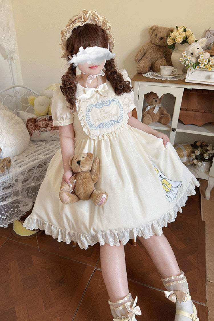 Sweet Dream Bunny Doll Collar Short Sleeves Ruffle Embroidery Bowknot Sweet Plus Size Lolita Dress