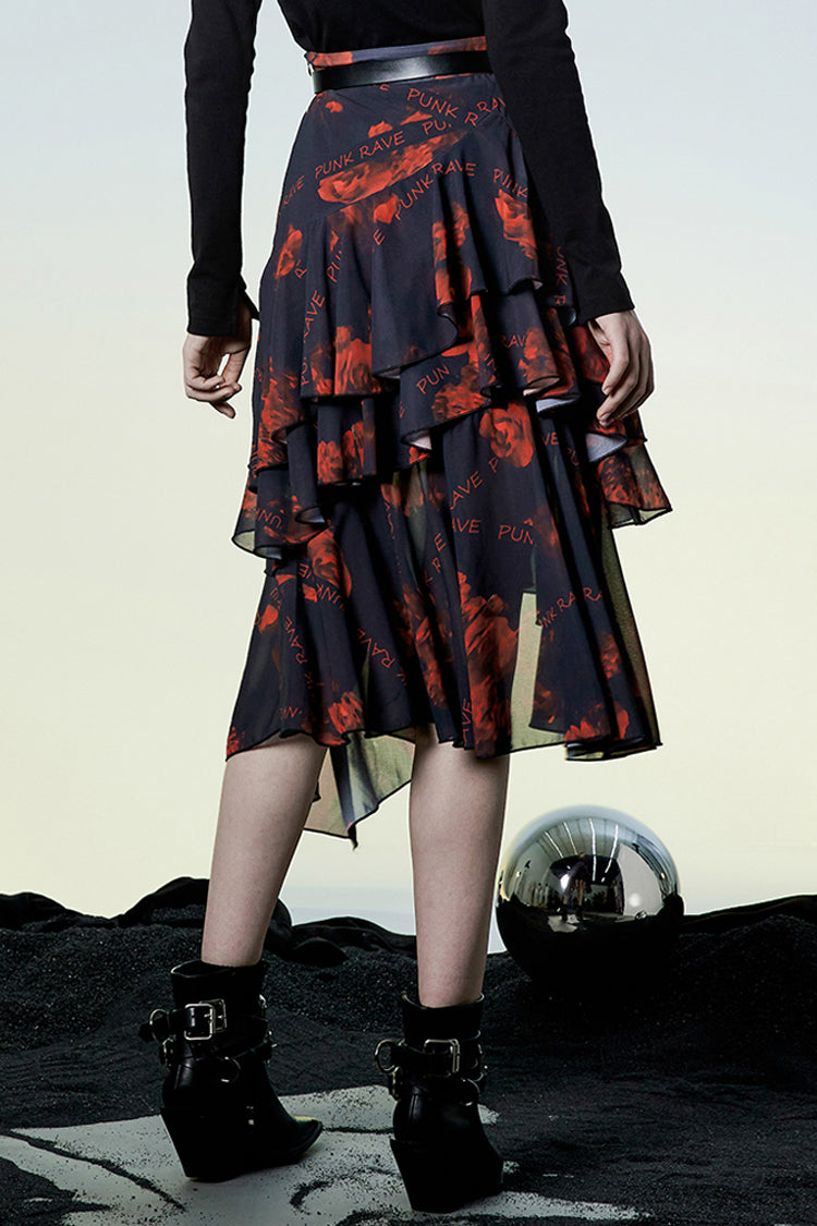 Crimson Noir Layered Chiffon Pattern Print High-Waist Punk Skirt