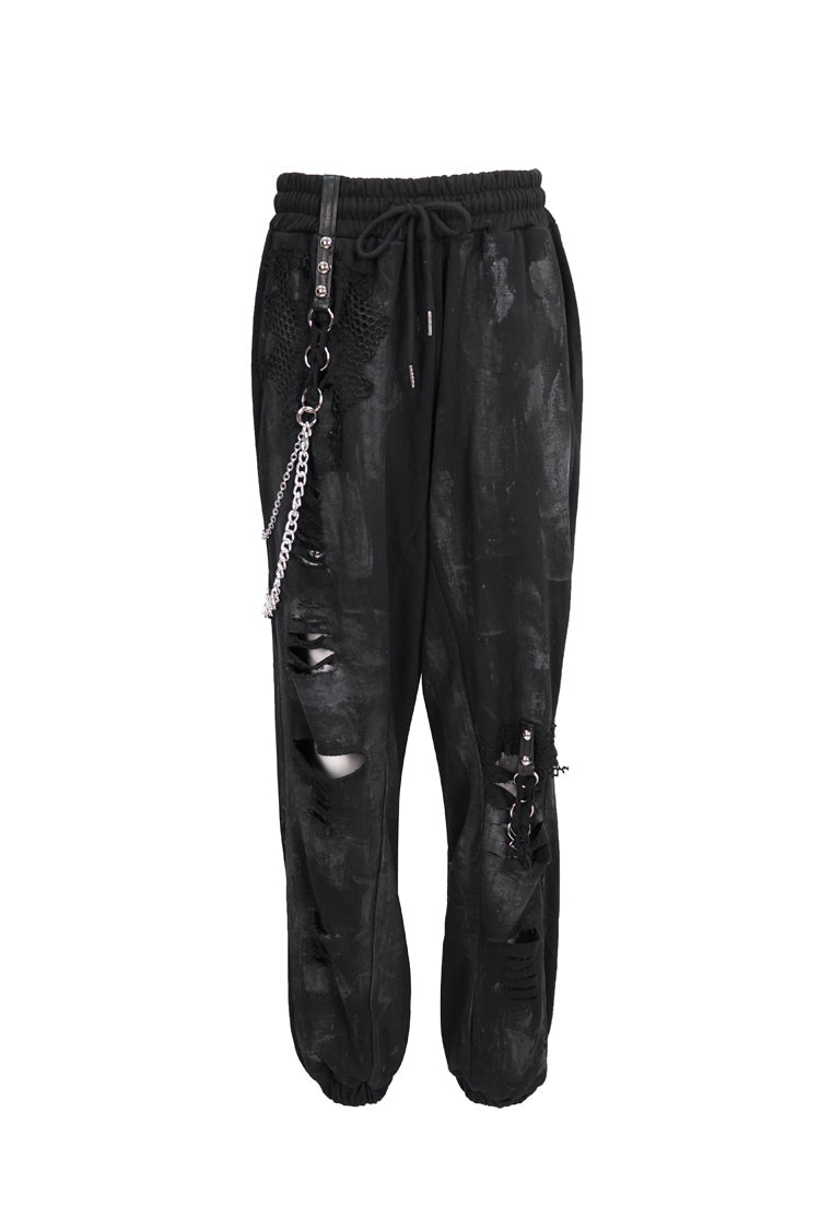 Gothic Pants with Knit Material and Hand-Painted Metal Circle Decoration